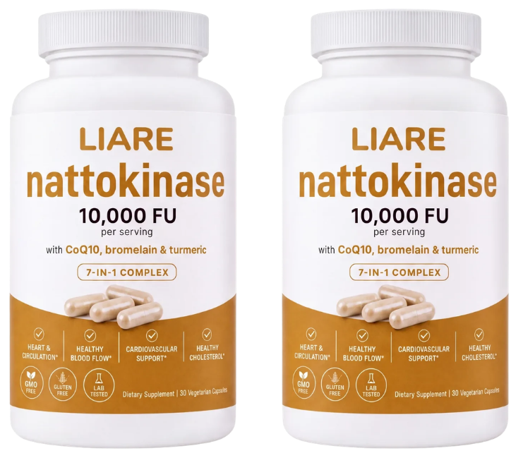 Two LIARE Nattokinase bottles with the 60-day money-back badge