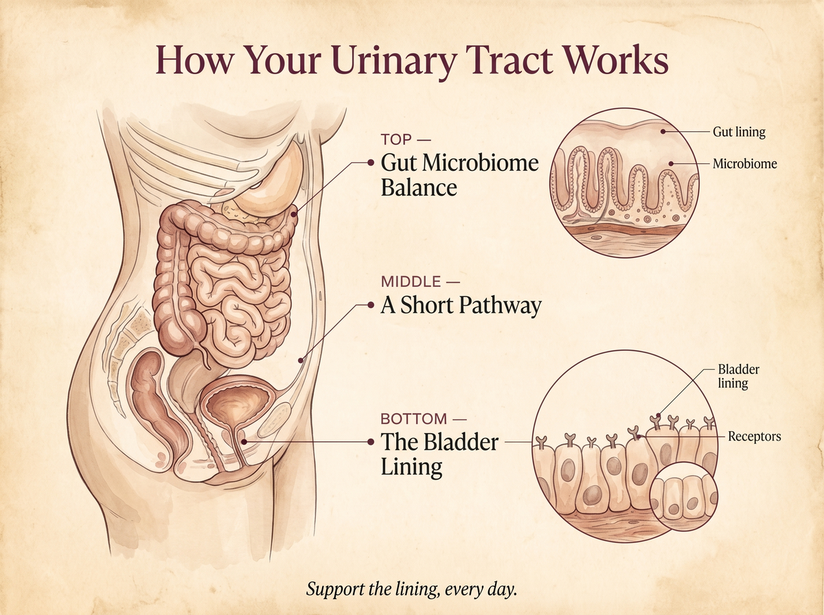 Illustration of how the urinary tract works, from gut balance to the bladder lining