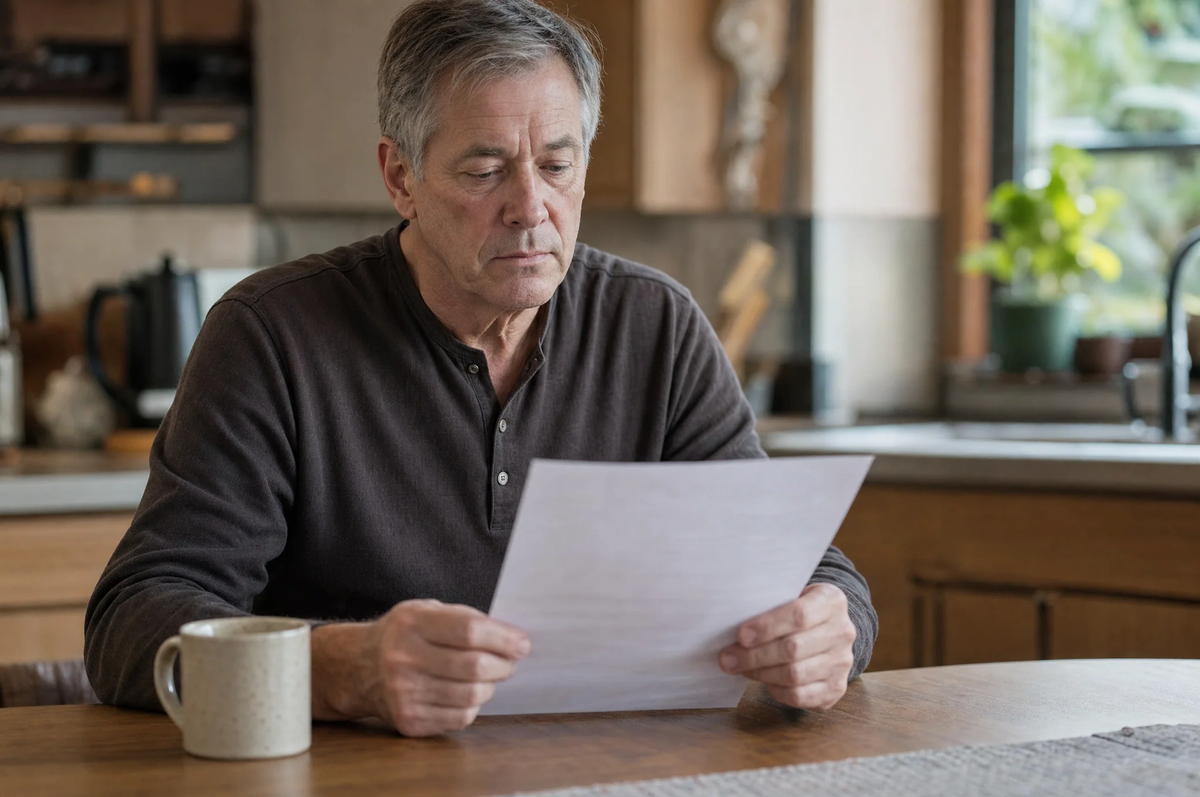 A man at the kitchen table reading the front label of a LIARE Nattokinase bottle