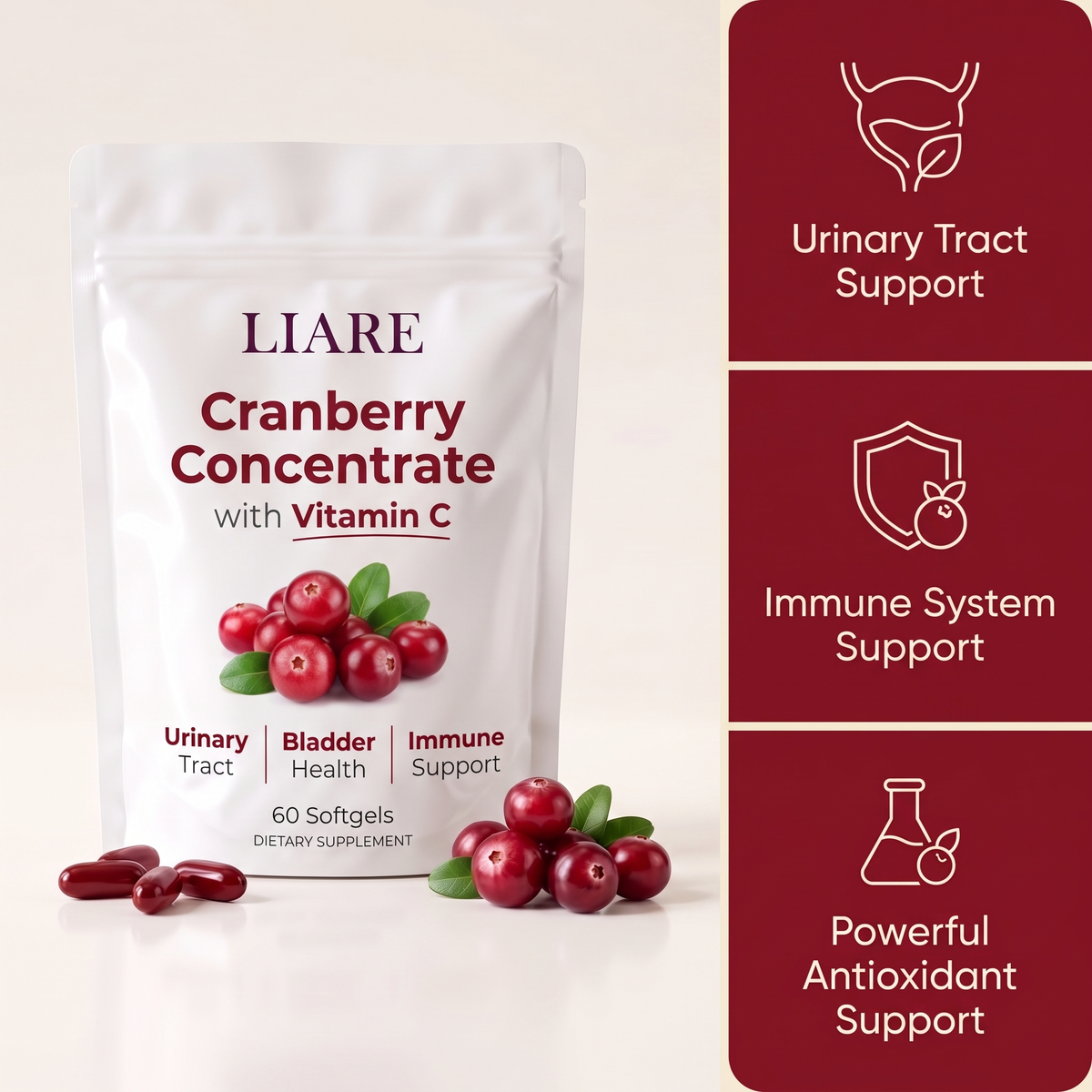 LIARE Cranberry Concentrate softgels pouch with softgels and fresh cranberries