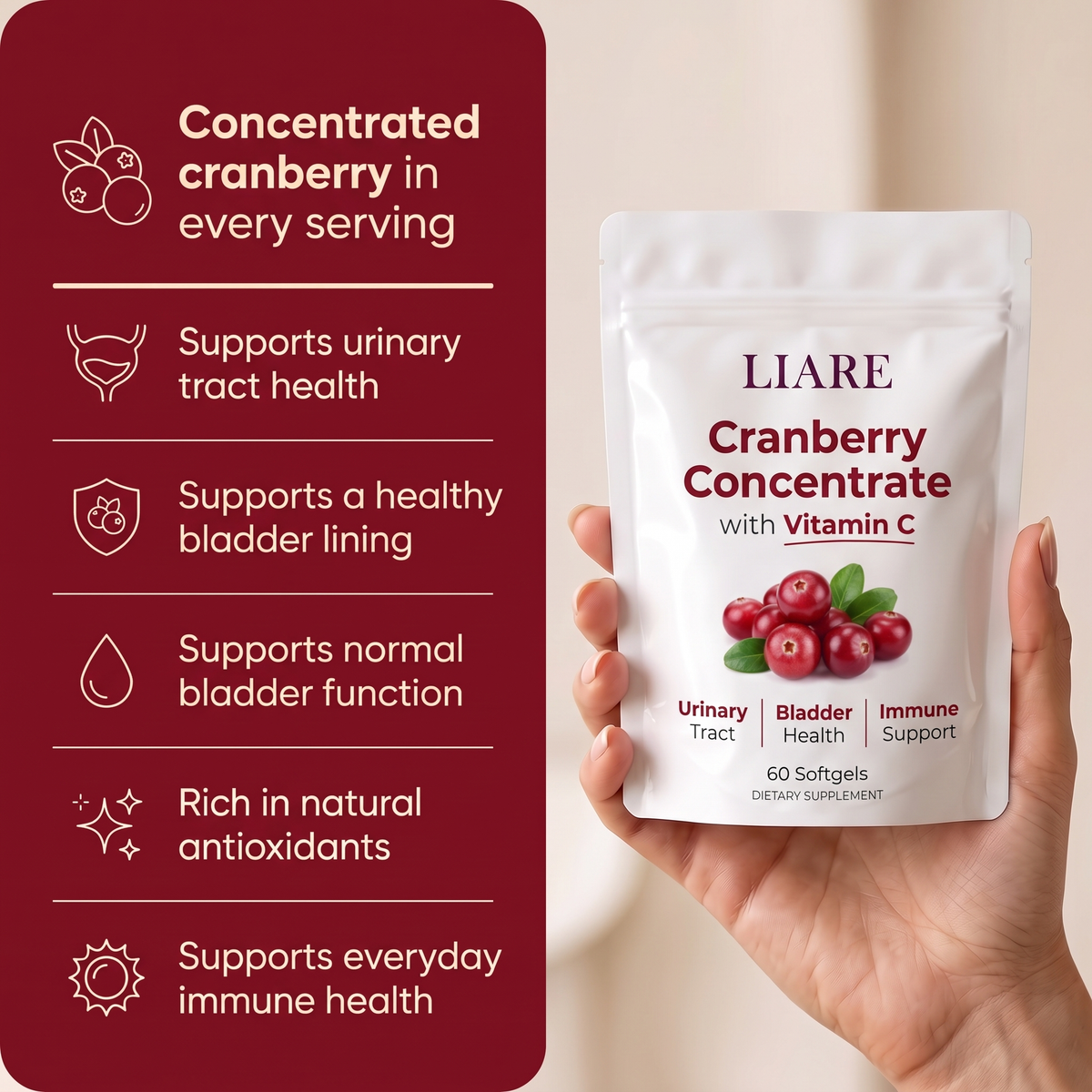 Hand holding the LIARE Cranberry Concentrate pouch next to a list of what it supports