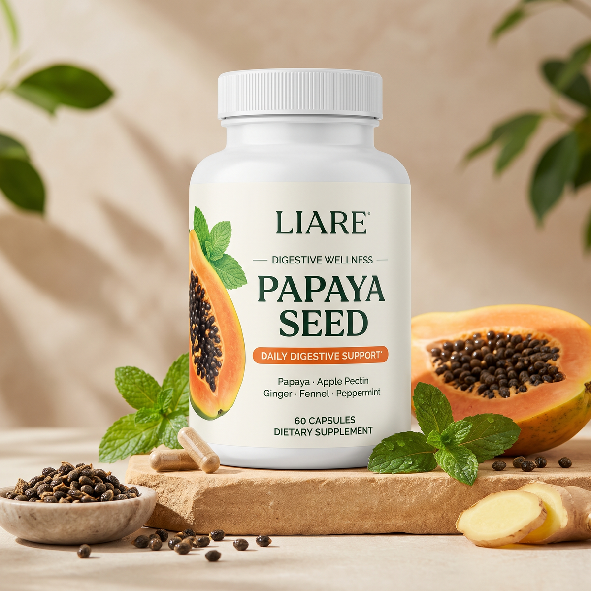 LIARE Papaya Seed Capsules bottle with fresh papaya, mint and ginger