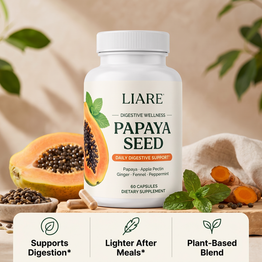 LIARE Papaya Seed bottle on a sandstone plinth with papaya and mint: supports digestion, lighter after meals, plant-based blend