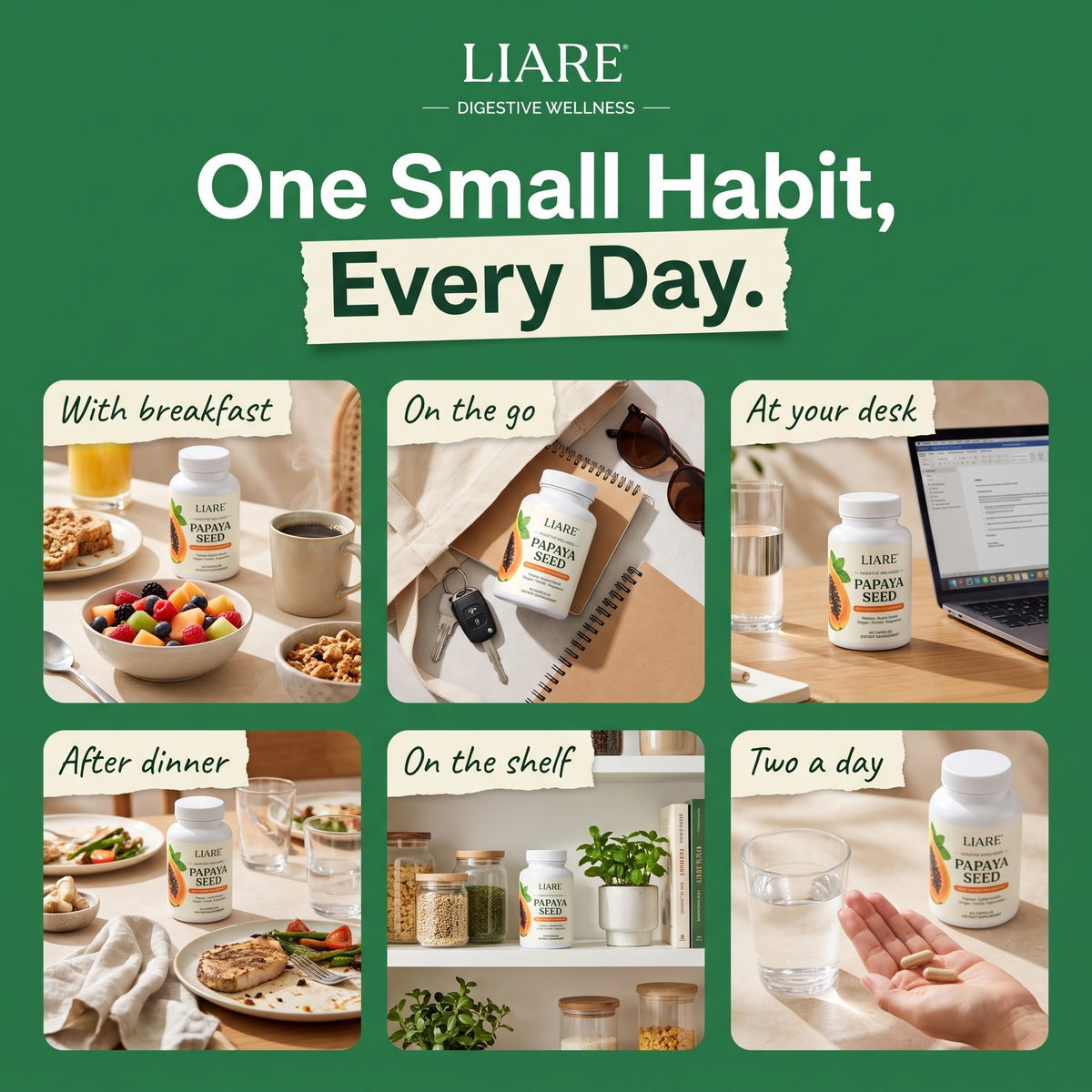One small habit, every day: the LIARE bottle at breakfast, on the go, at the desk, after dinner