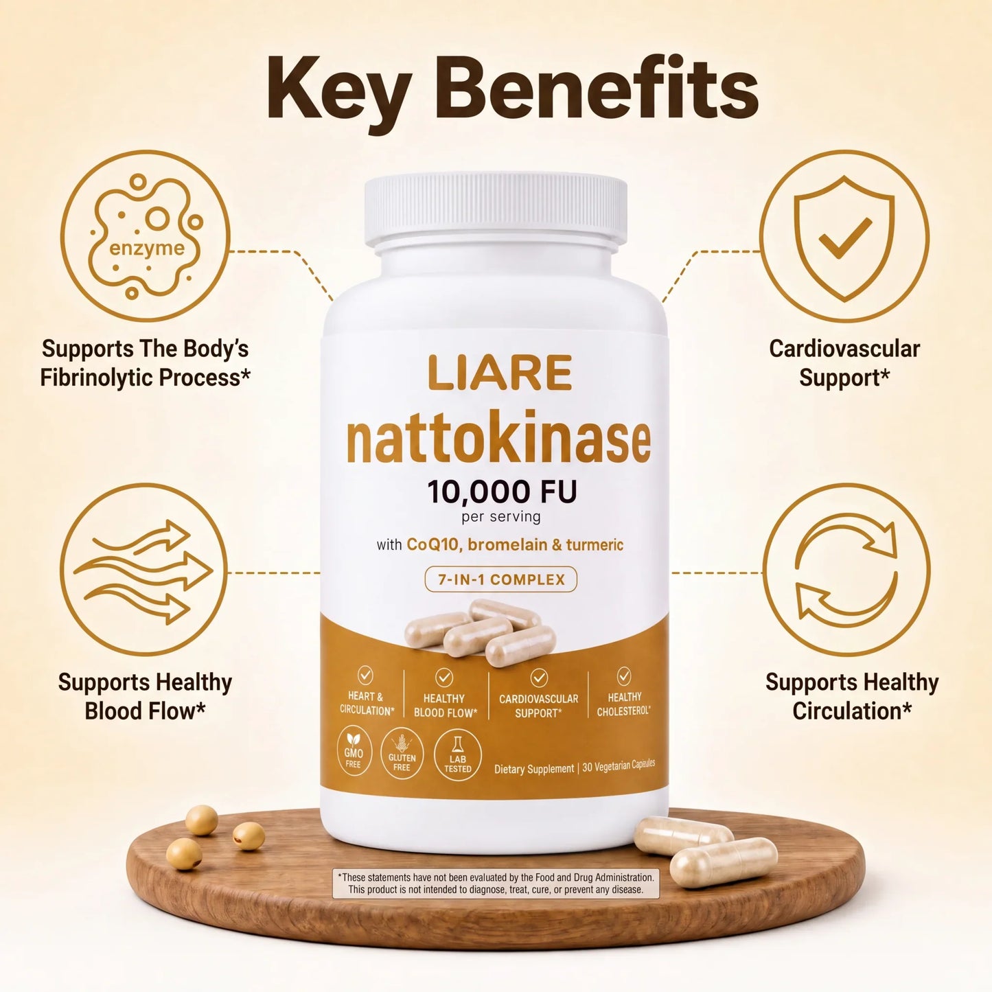 Key benefits card: LIARE Nattokinase bottle on a wooden board with soybeans, four icons reading fibrinolytic process support, cardiovascular support, healthy blood flow, healthy circulation