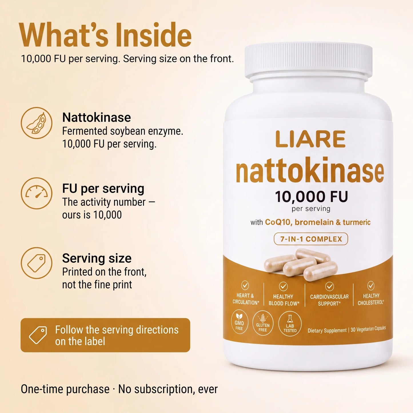 What's inside card: how to read a nattokinase label — FU per serving, serving size printed on the front; one-time purchase, no subscription
