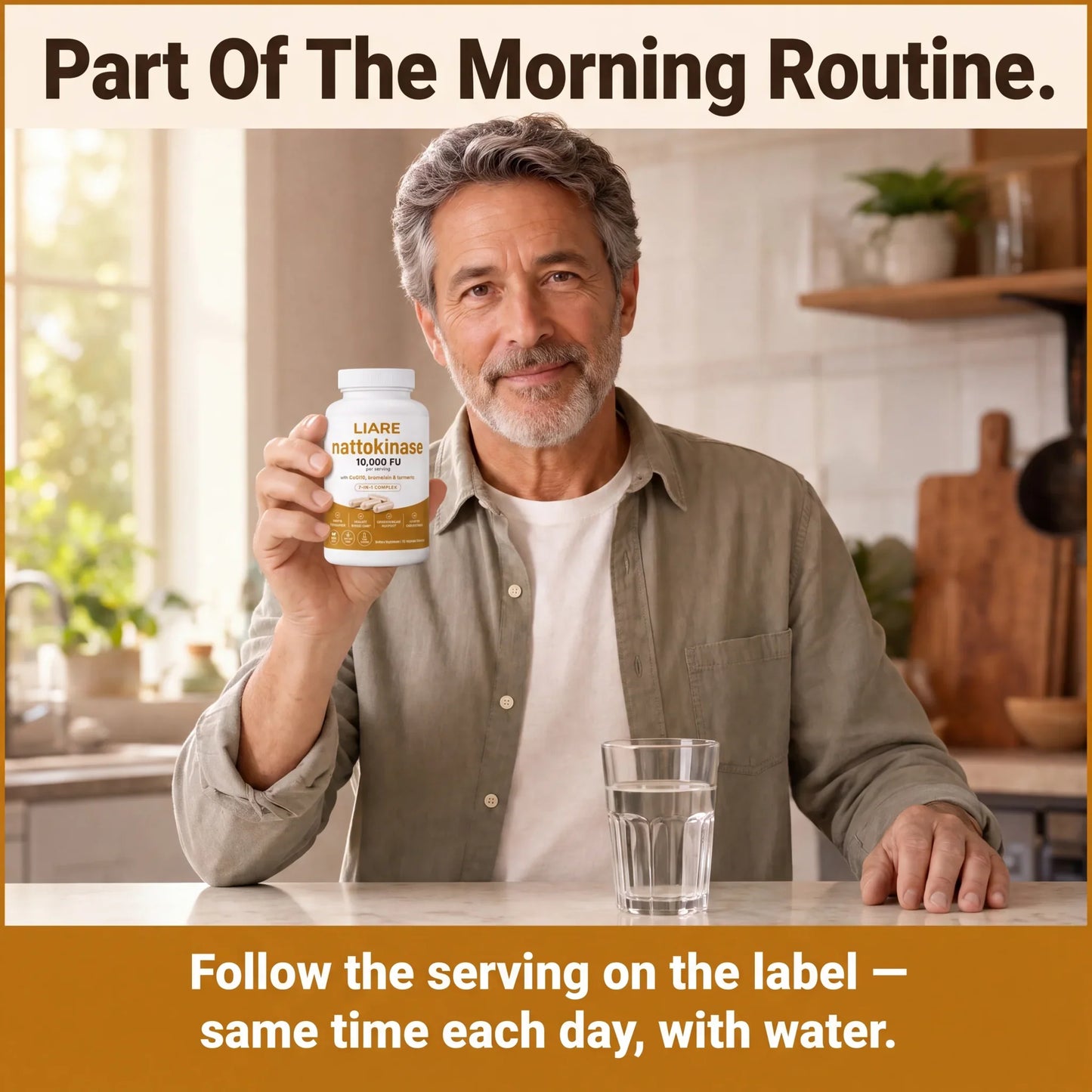 Part of the morning routine: man at a bright kitchen counter with a glass of water and a LIARE Nattokinase bottle; follow the serving on the label, same time each day