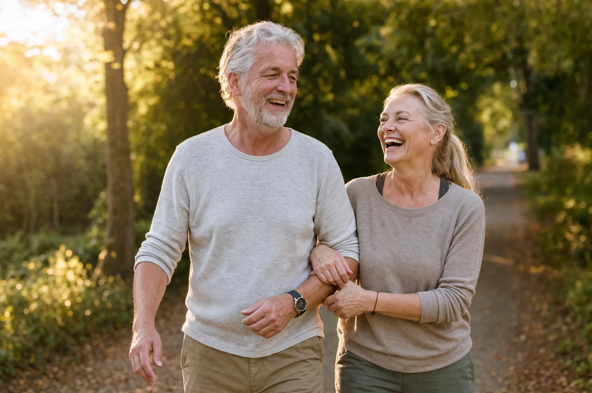 A couple walking on a woodland path