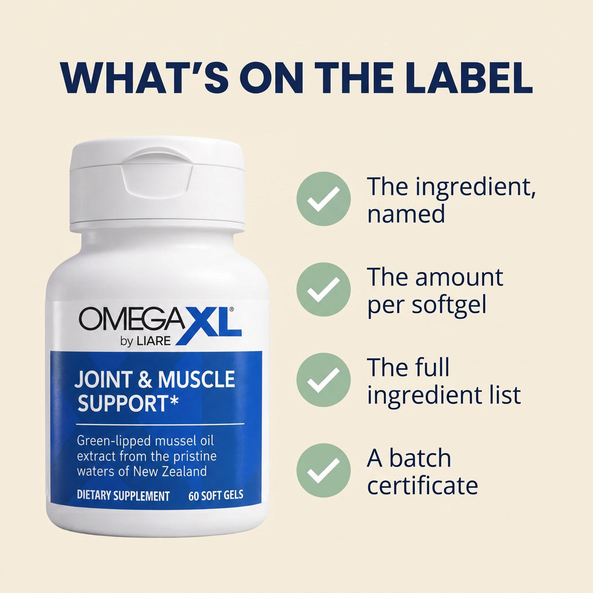 The four things on the Omega XL label: ingredient, amount, full list, batch certificate