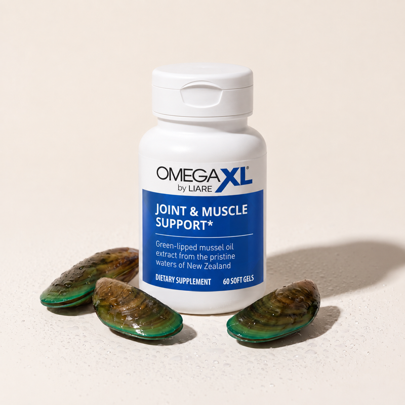 Omega XL green-lipped mussel oil softgels bottle beside green-lipped mussel shells