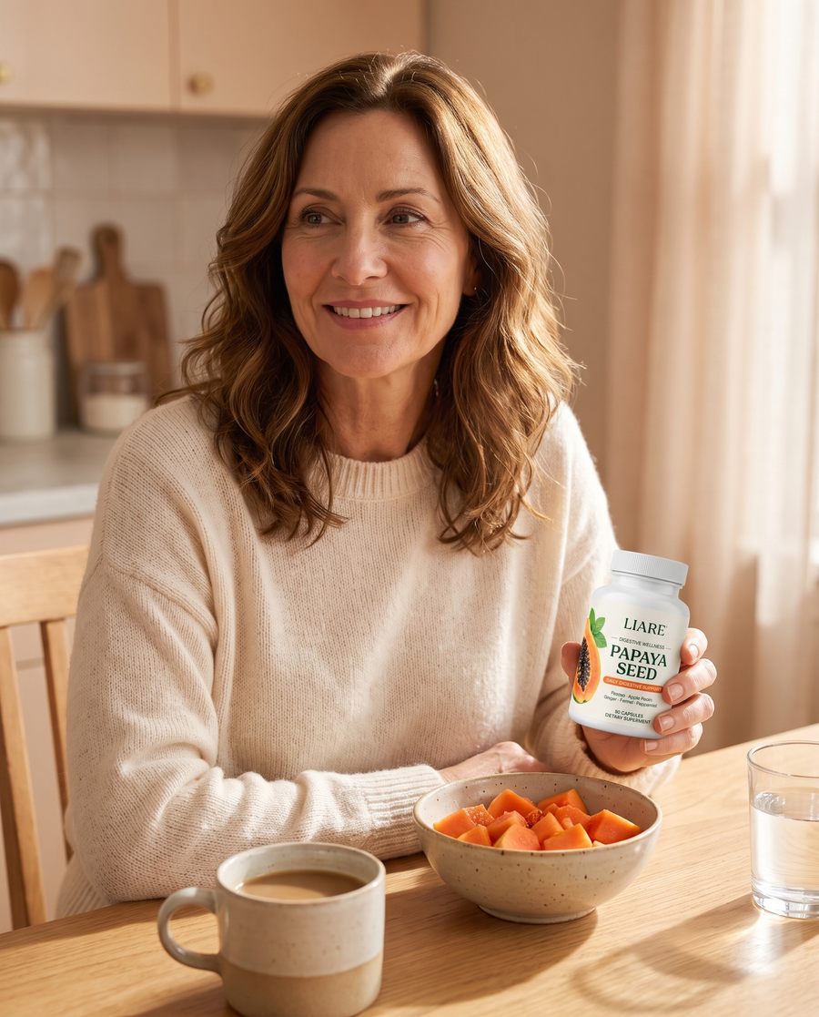 Woman at a sunny kitchen table with the LIARE Papaya Seed bottle