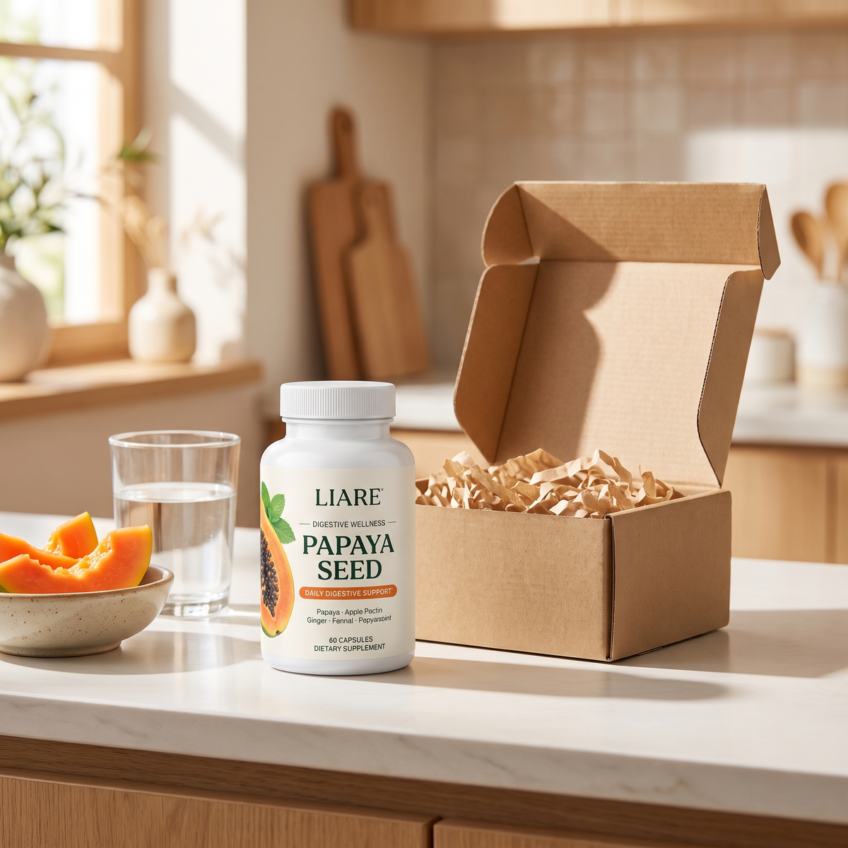 LIARE Papaya Seed bottle just unpacked on a kitchen counter