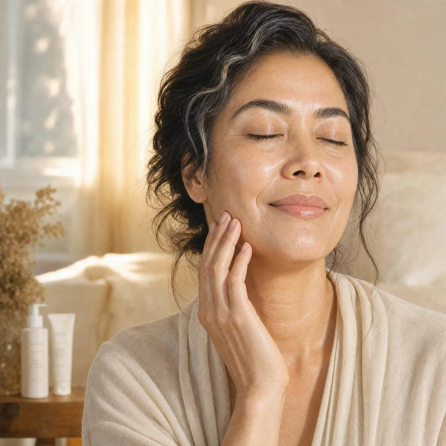 Close-up of a cheek with dark spots looking visibly softer and more even after weeks of nightly use